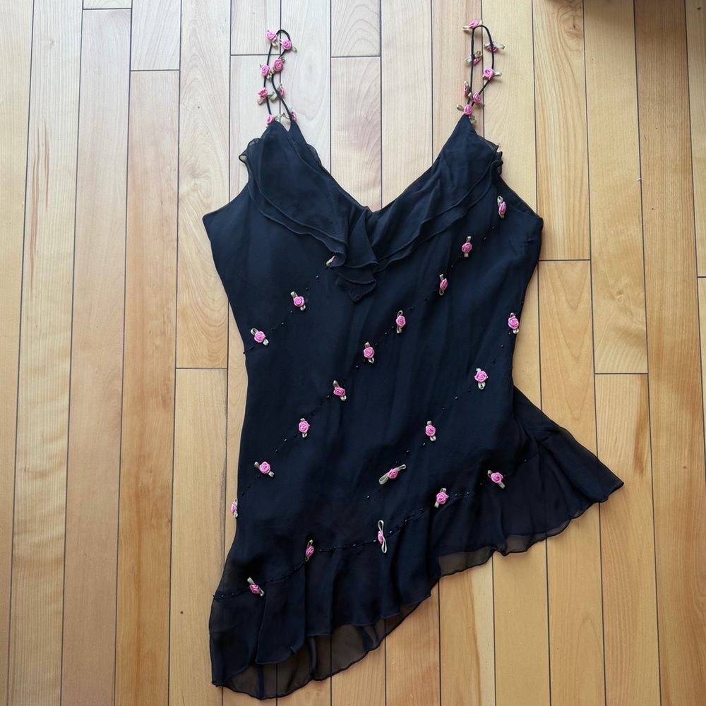 vintage y2k 100% silk beaded top asymmetrical hem rose straps - Picture 4 of 7